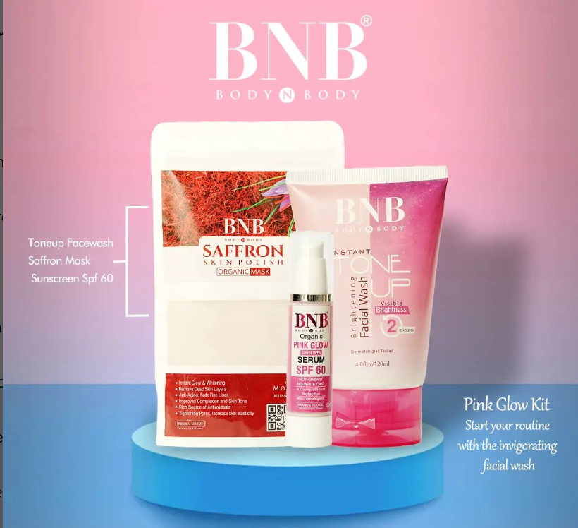 BNB | | Pink Glow Kit | | Toneup Facewash + Saffron Mask + Pink Glow Sunscreen |