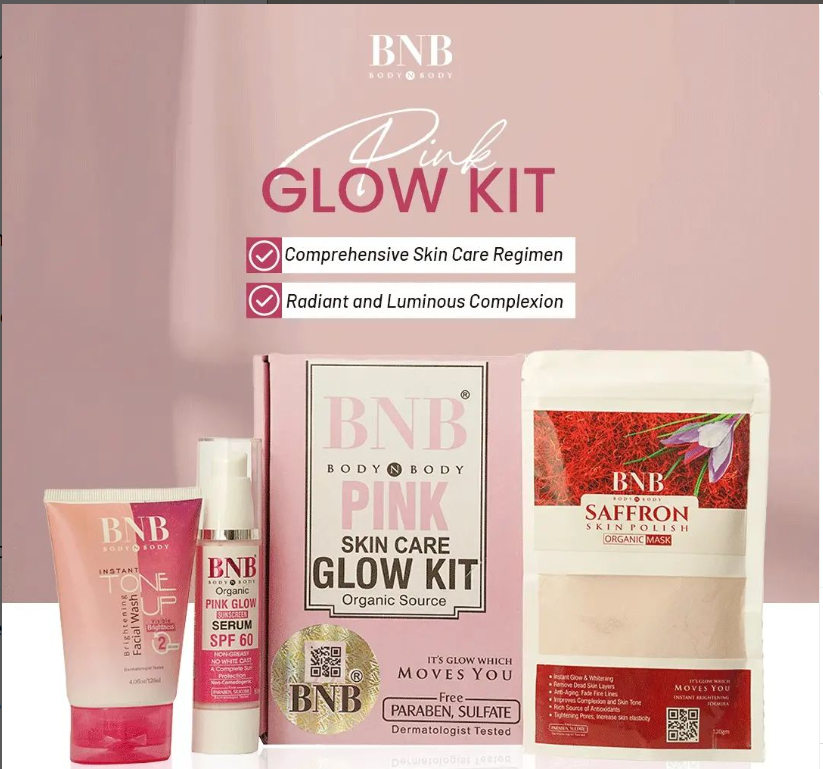 BNB | | Pink Glow Kit | | Toneup Facewash + Saffron Mask + Pink Glow Sunscreen |